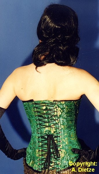 Korsett, Corsage,Vollbrustkorsett in Seide gruen gold, Seidenkorsett.Korsettshop,